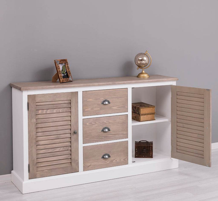 Kommode mit Lamellentüren | Sideboard aus Massivholz - Gebürstet - Altweiß