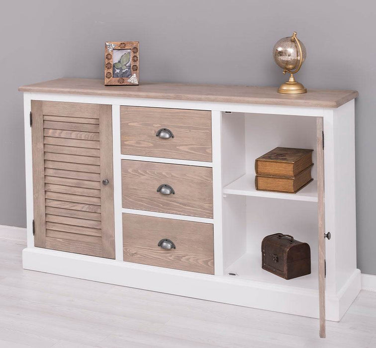 Kommode mit Lamellentüren | Sideboard aus Massivholz - Gebürstet - Altweiß