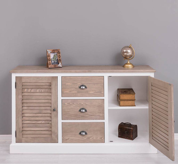Kommode mit Lamellentüren | Sideboard aus Massivholz - Gebürstet - Altweiß