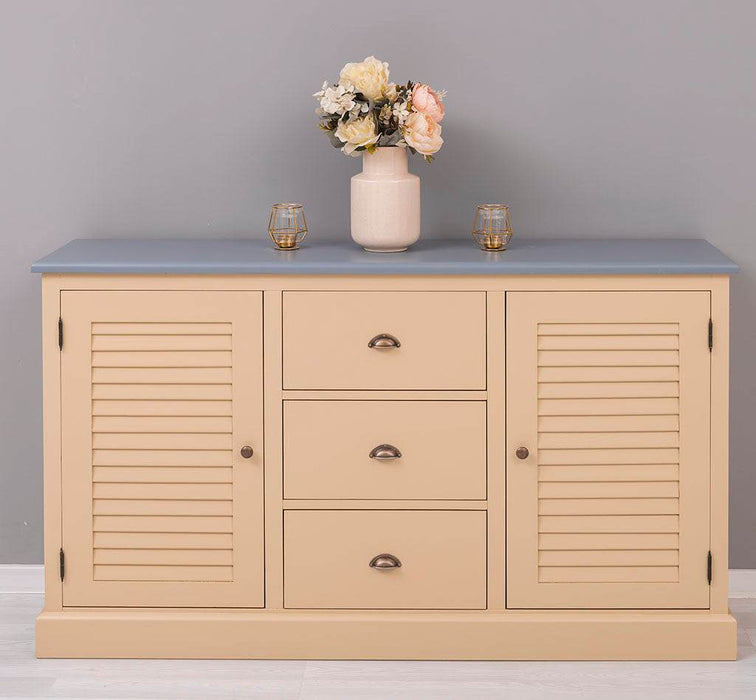 Kommode mit Lamellentüren | Sideboard aus Massivholz - Blaugrau - Beige