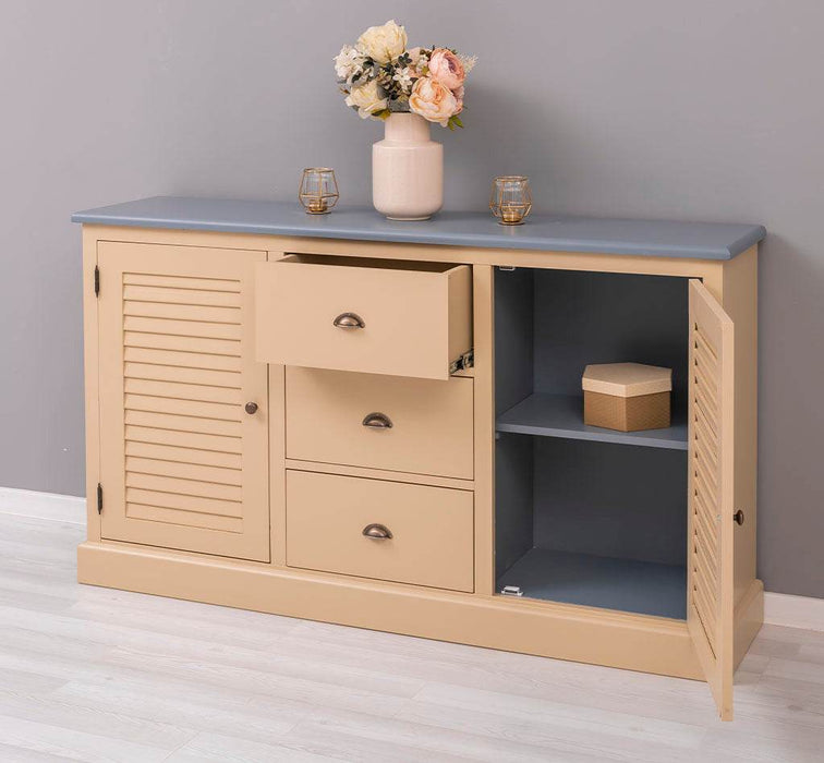 Kommode mit Lamellentüren | Sideboard aus Massivholz - Gebürstet - Altweiß
