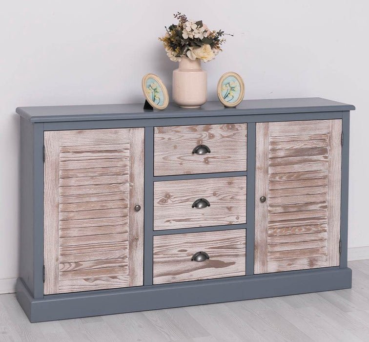 Kommode mit Lamellentüren | Sideboard aus Massivholz - Gebürstet - Altweiß