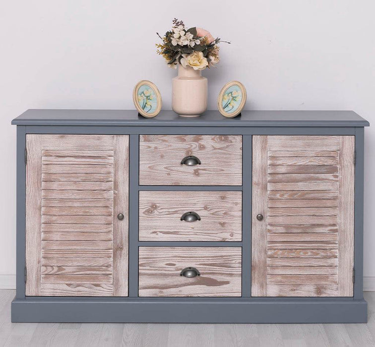 Kommode mit Lamellentüren | Sideboard aus Massivholz - Blaugrau - Gebürstet