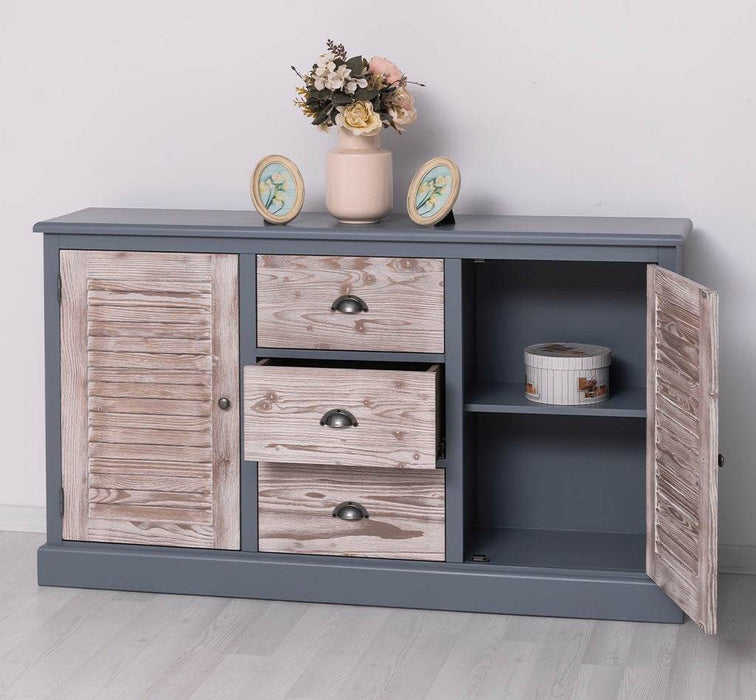 Kommode mit Lamellentüren | Sideboard aus Massivholz - Gebürstet - Altweiß