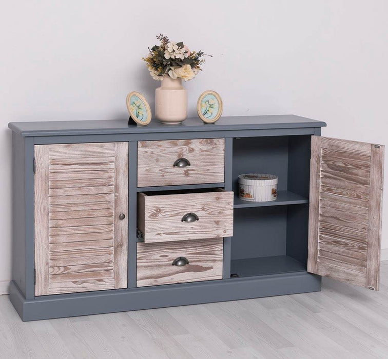 Kommode mit Lamellentüren | Sideboard aus Massivholz - Gebürstet - Altweiß