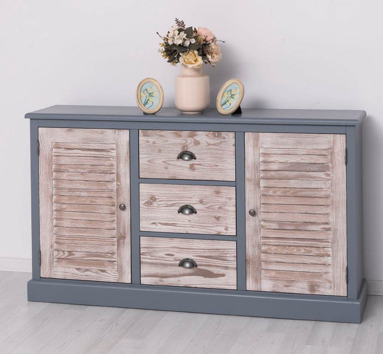 Kommode mit Lamellentüren | Sideboard aus Massivholz - Gebürstet - Altweiß
