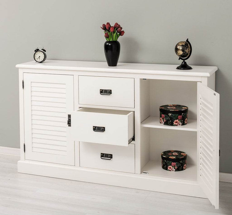 Kommode mit Lamellentüren | Sideboard aus Massivholz - Gebürstet - Altweiß