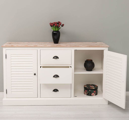 Kommode mit Lamellentüren | Sideboard aus Massivholz - Gebürstet - Altweiß