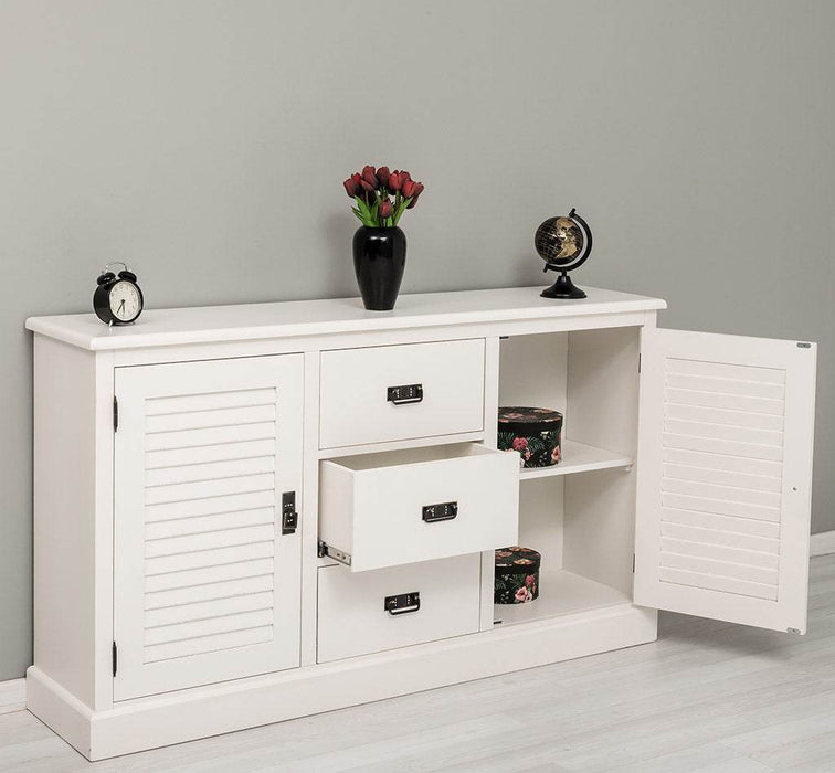 Kommode mit Lamellentüren | Sideboard aus Massivholz - Gebürstet - Altweiß