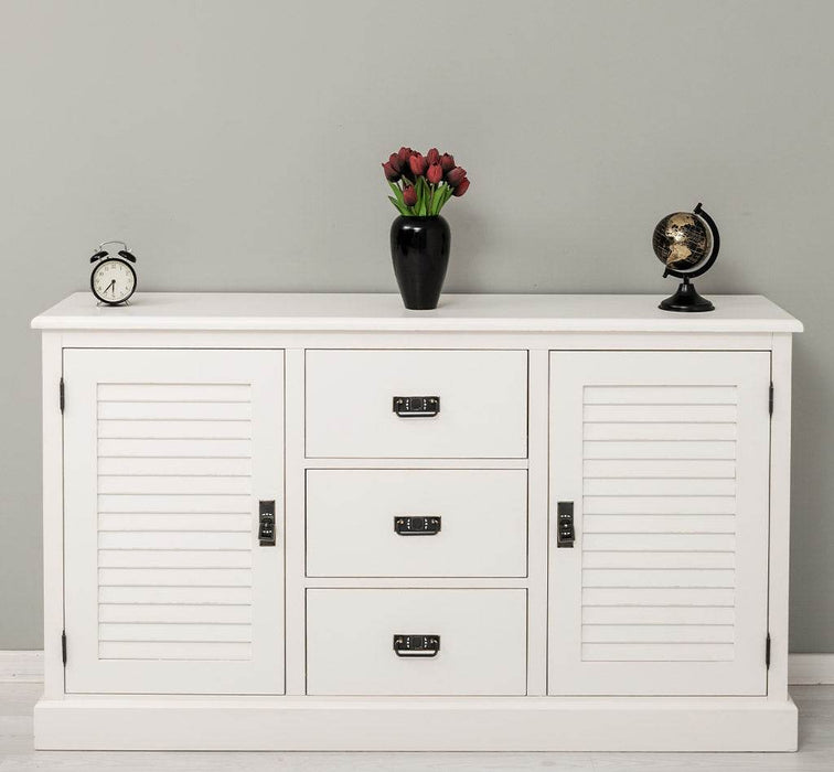 Kommode mit Lamellentüren | Sideboard aus Massivholz - Altweiß