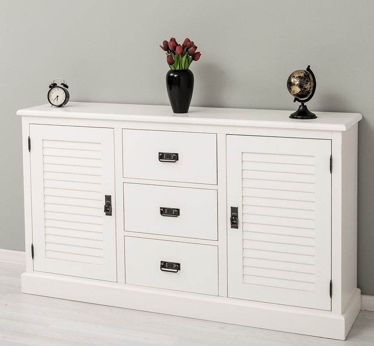 Kommode mit Lamellentüren | Sideboard aus Massivholz - Gebürstet - Altweiß