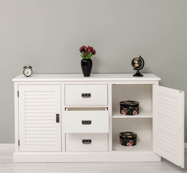Kommode mit Lamellentüren | Sideboard aus Massivholz - Gebürstet - Altweiß