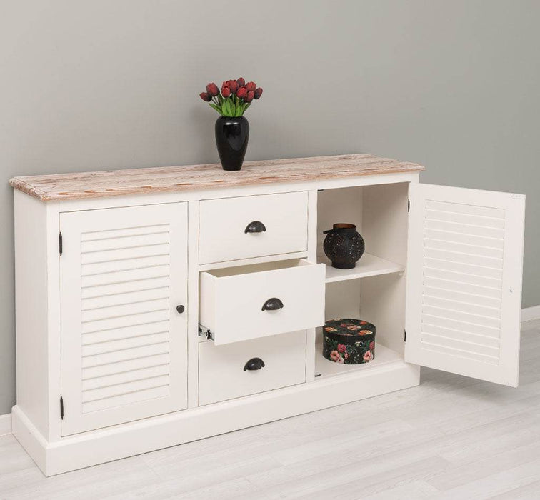 Kommode mit Lamellentüren | Sideboard aus Massivholz - Gebürstet - Altweiß