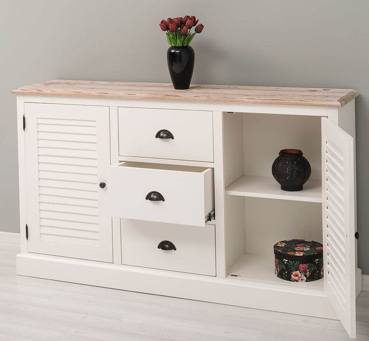 Kommode mit Lamellentüren | Sideboard aus Massivholz - Gebürstet - Altweiß