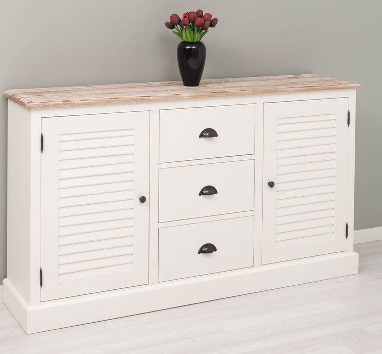 Kommode mit Lamellentüren | Sideboard aus Massivholz - Gebürstet - Altweiß