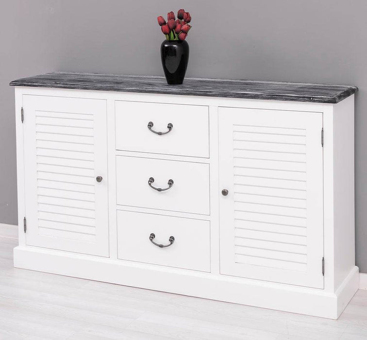 Kommode mit Lamellentüren | Sideboard aus Massivholz - Gebürstet - Altweiß