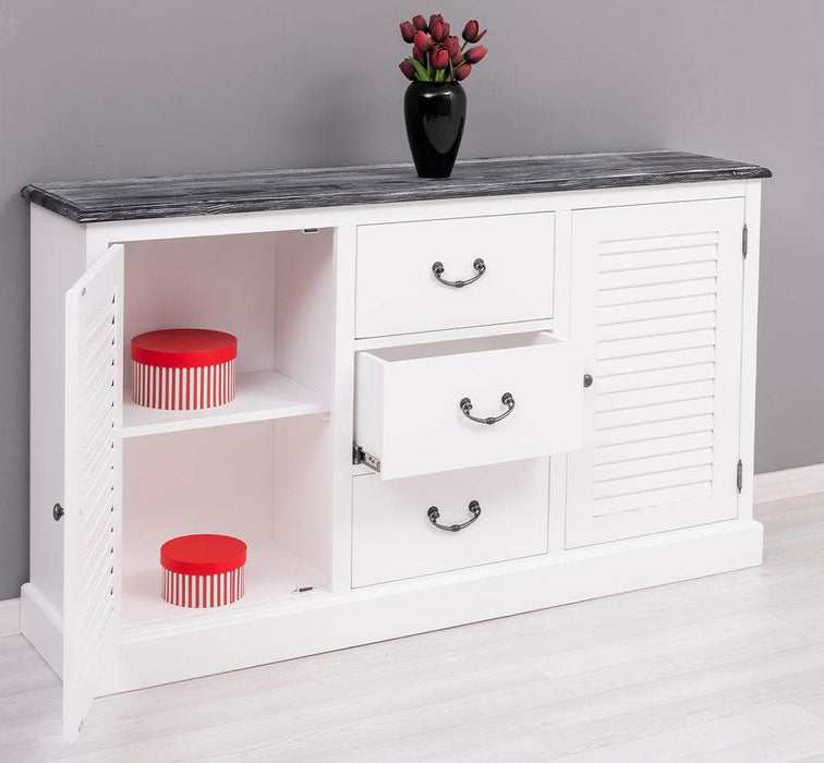 Kommode mit Lamellentüren | Sideboard aus Massivholz - Gebürstet - Altweiß