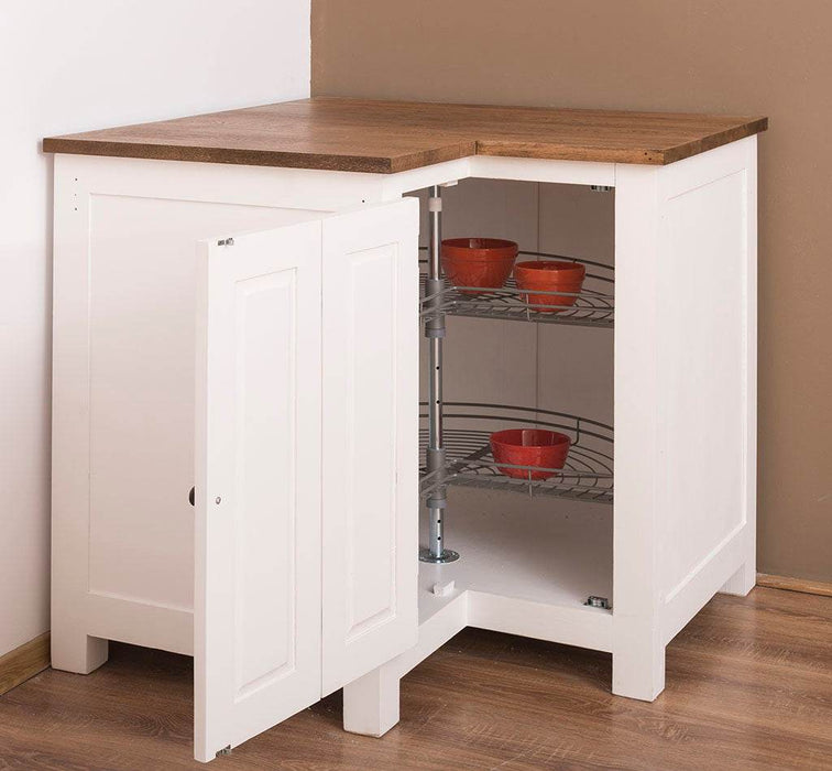 Kücheneckschrank mit Eichenarbeitsplatte - Eckrondell für Pfannen und Töpfe - Eckschrank -