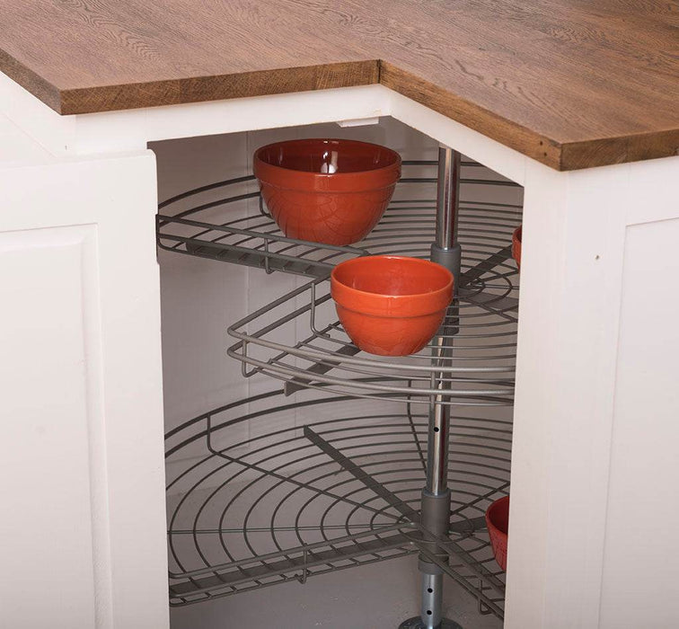 Kücheneckschrank mit Eichenarbeitsplatte - Eckrondell für Pfannen und Töpfe - Eckschrank -