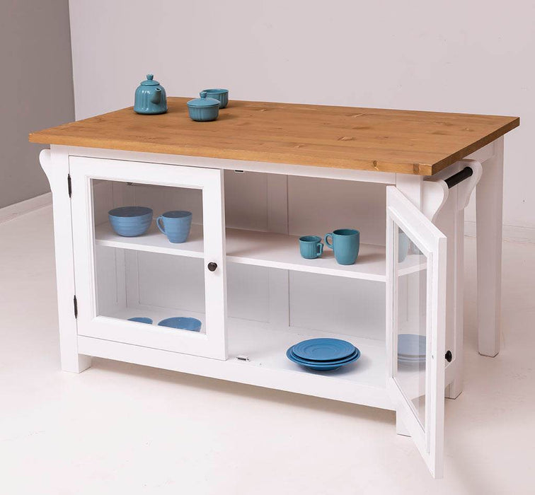 Kücheninsel aus Massivholz mit Glastüren und Theke - Esstisch -
