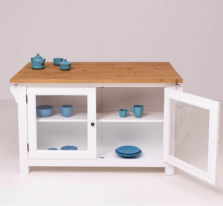 Kücheninsel aus Massivholz mit Glastüren und Theke - Esstisch -