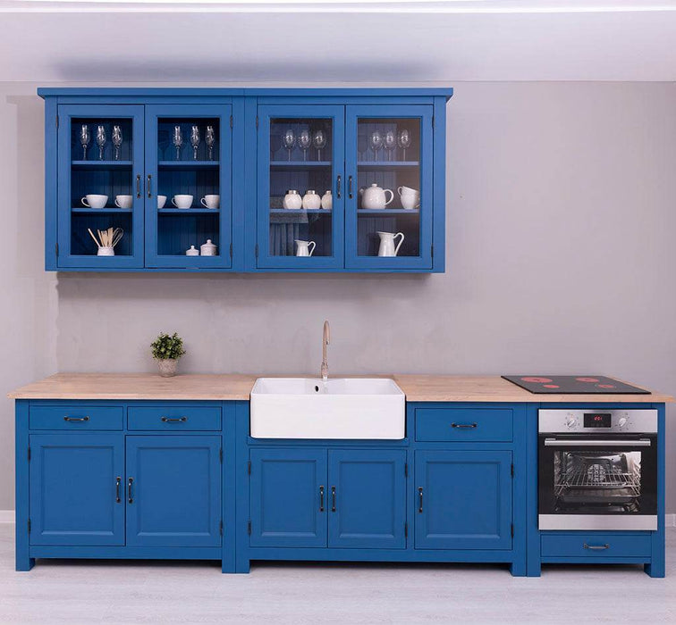 Küchenzeile aus Massivholz Blau mit Eichenplatte großem Hängeschrank Besteck- und Vorratsschrank | Massivholzküche -