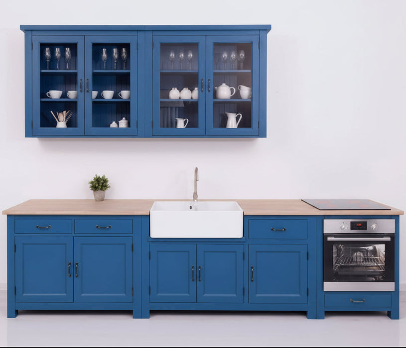 Küchenzeile aus Massivholz Blau mit Eichenplatte großem Hängeschrank Besteck- und Vorratsschrank | Massivholzküche -