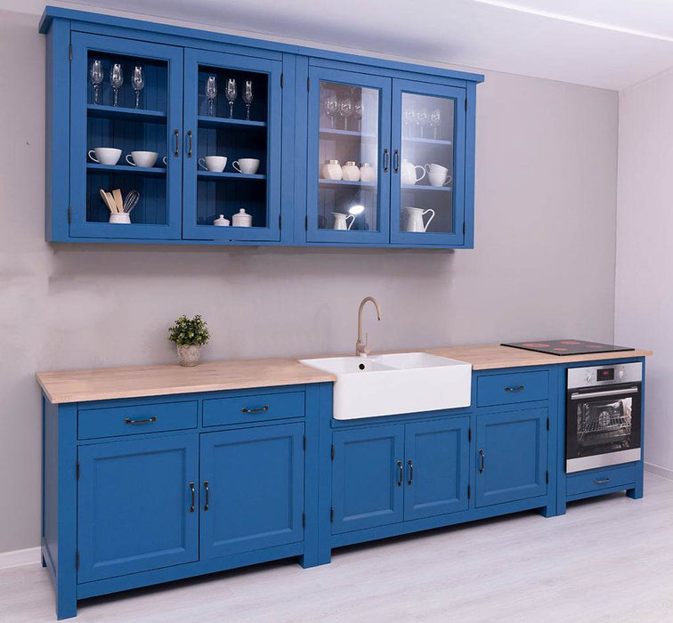 Küchenzeile aus Massivholz Blau mit Eichenplatte großem Hängeschrank Besteck- und Vorratsschrank | Massivholzküche -