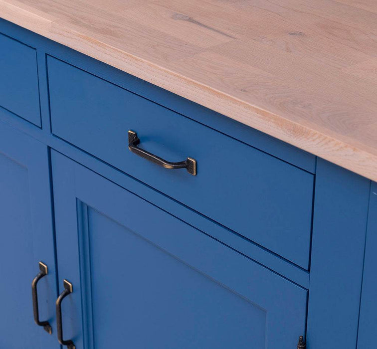 Küchenzeile aus Massivholz Blau mit Eichenplatte großem Hängeschrank Besteck- und Vorratsschrank | Massivholzküche -