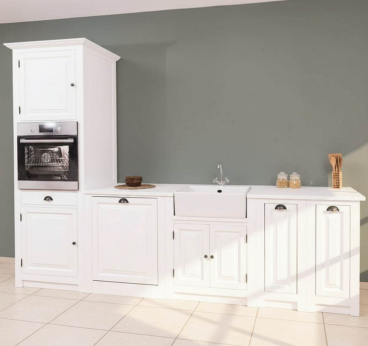 Küchenzeile aus Massivholz Weiß mit Backofenumbauschrank | Hochschrank für Backofen | Spülbecken | Ausziehschrank | Spülmaschinenschrank | Massivholzküche -