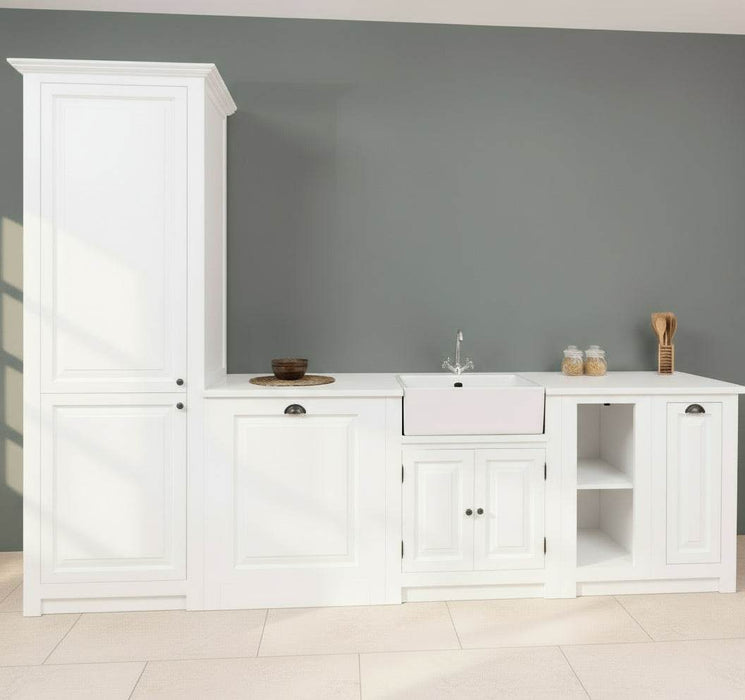 Küchenzeile aus Massivholz Weiß mit Backofenumbauschrank | Hochschrank für Backofen | Spülbecken | Ausziehschrank | Spülmaschinenschrank | Massivholzküche -