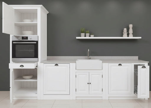 Küchenzeile aus Massivholz Weiß mit Backofenumbauschrank | Hochschrank für Backofen | Spülbecken | Ausziehschrank | Spülmaschinenschrank | Massivholzküche -