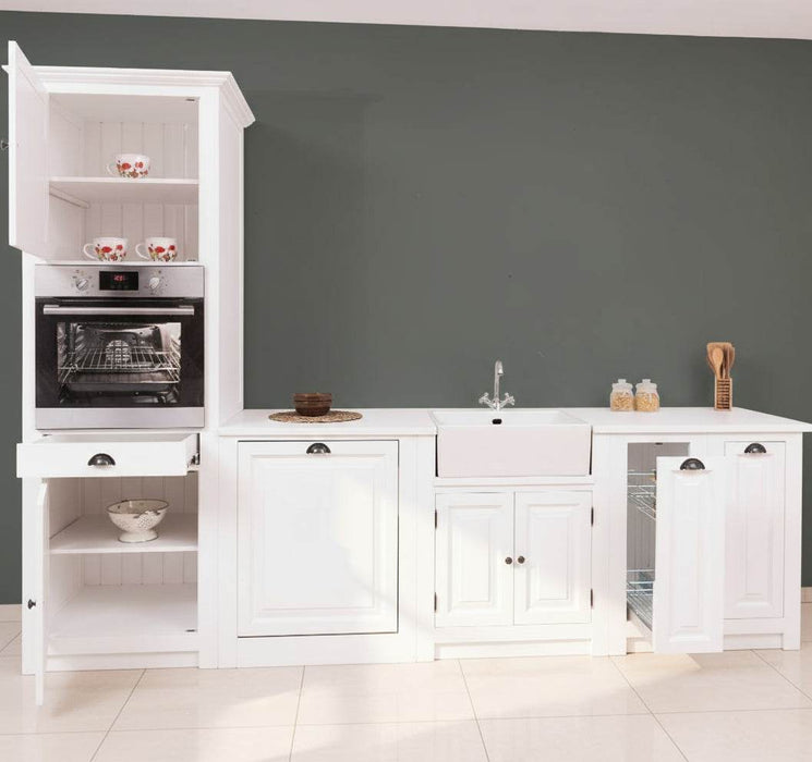 Küchenzeile aus Massivholz Weiß mit Backofenumbauschrank | Hochschrank für Backofen | Spülbecken | Ausziehschrank | Spülmaschinenschrank | Massivholzküche -