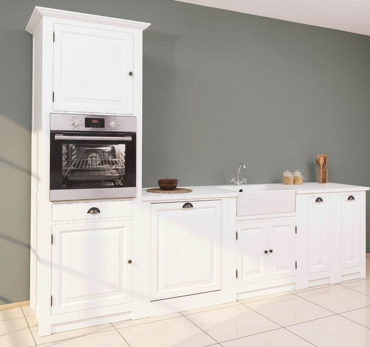 Küchenzeile aus Massivholz Weiß mit Backofenumbauschrank | Hochschrank für Backofen | Spülbecken | Ausziehschrank | Spülmaschinenschrank | Massivholzküche -