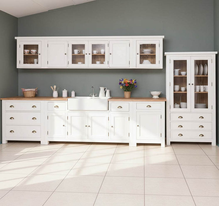 Küchenzeile aus Massivholz Weiß mit Eichenplatte Hängeschranken Doppel-Spülbecken Besteckschrank Vorratsschrank Geschirrschrank | Massivholzküche -