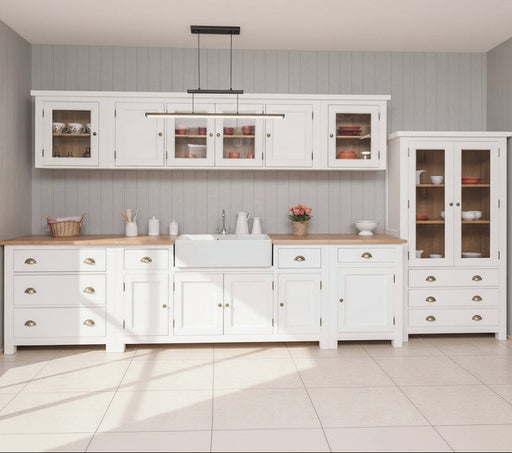 Küchenzeile aus Massivholz Weiß mit Eichenplatte Hängeschranken Doppel-Spülbecken Besteckschrank Vorratsschrank Geschirrschrank | Massivholzküche -