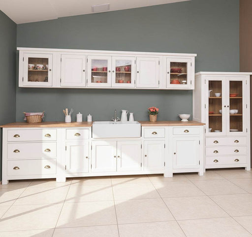 Küchenzeile aus Massivholz Weiß mit Eichenplatte Hängeschranken Doppel-Spülbecken Besteckschrank Vorratsschrank Geschirrschrank | Massivholzküche -