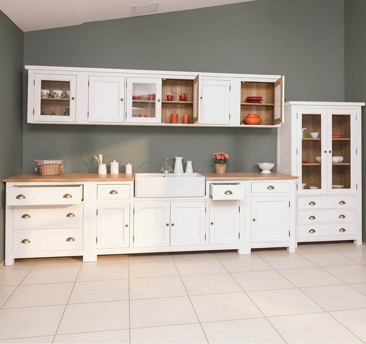 Küchenzeile aus Massivholz Weiß mit Eichenplatte Hängeschranken Doppel-Spülbecken Besteckschrank Vorratsschrank Geschirrschrank | Massivholzküche -