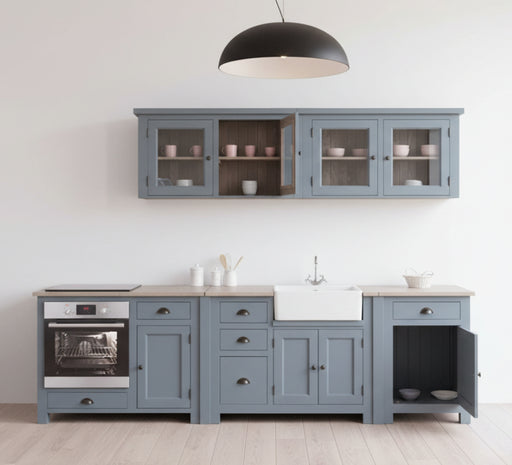 Küchenzeile aus Massivholz in Blau- Backofenschrank Hängeschrank Spülbecken Vorratsschrank | Massivholzküche -