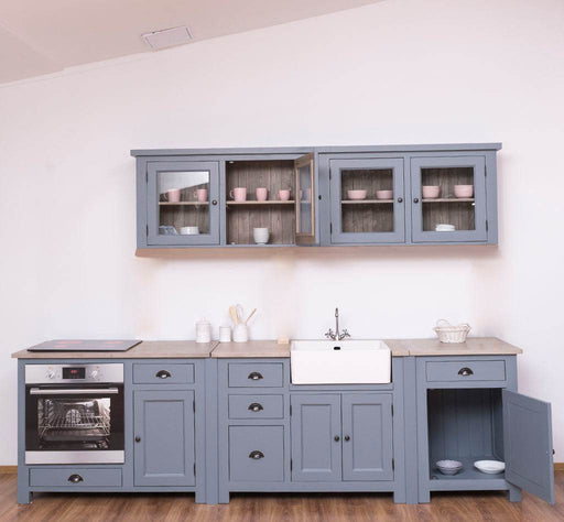 Küchenzeile aus Massivholz in Blau- Backofenschrank Hängeschrank Spülbecken Vorratsschrank | Massivholzküche -