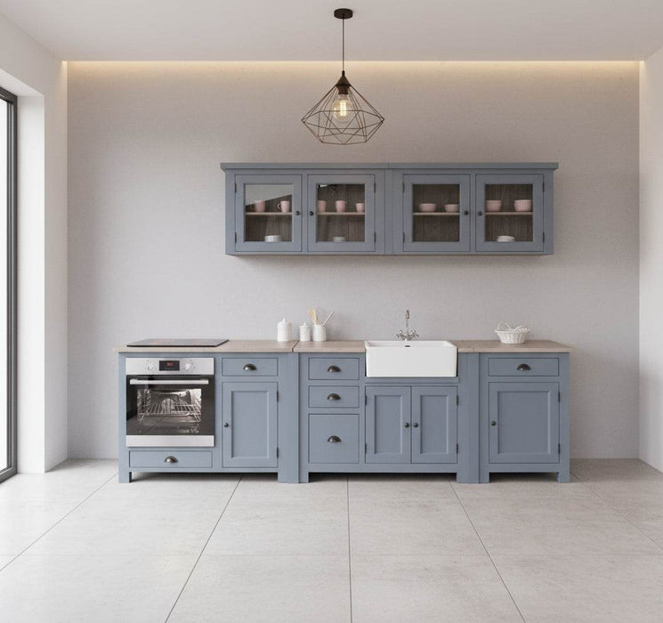 Küchenzeile aus Massivholz in Blau- Backofenschrank Hängeschrank Spülbecken Vorratsschrank | Massivholzküche -