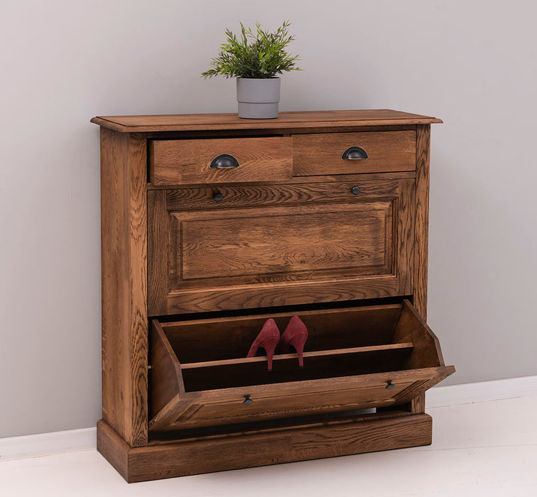 Landhaus Schuhschrank mit zwei Kippfächern aus massiver Eiche