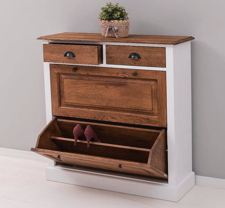 Landhaus Schuhschrank mit zwei Kippfächern aus massiver Eiche