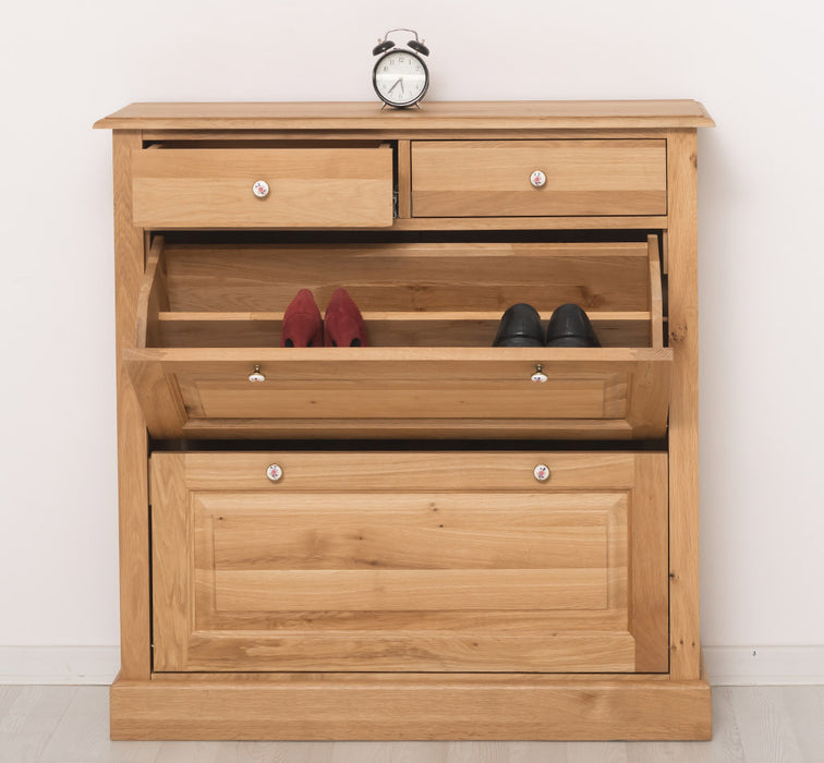 Landhaus Schuhschrank mit zwei Kippfächern aus massiver Eiche