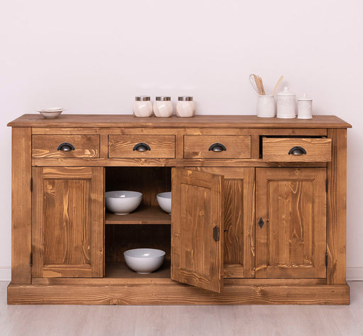 Landhaus-Sideboard-aus-Massivholz--_-Kommode-mit-4-Schubladen-und-4-Tueren-front-gewachst-offen
