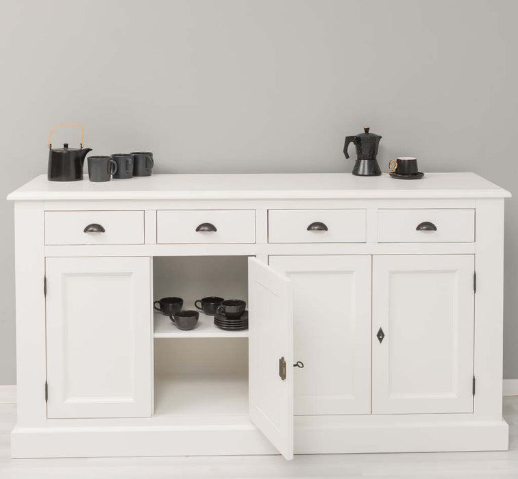 Landhaus-Sideboard-aus-Massivholz--_-Kommode-mit-4-Schubladen-und-4-Tueren-front-weiß-offen