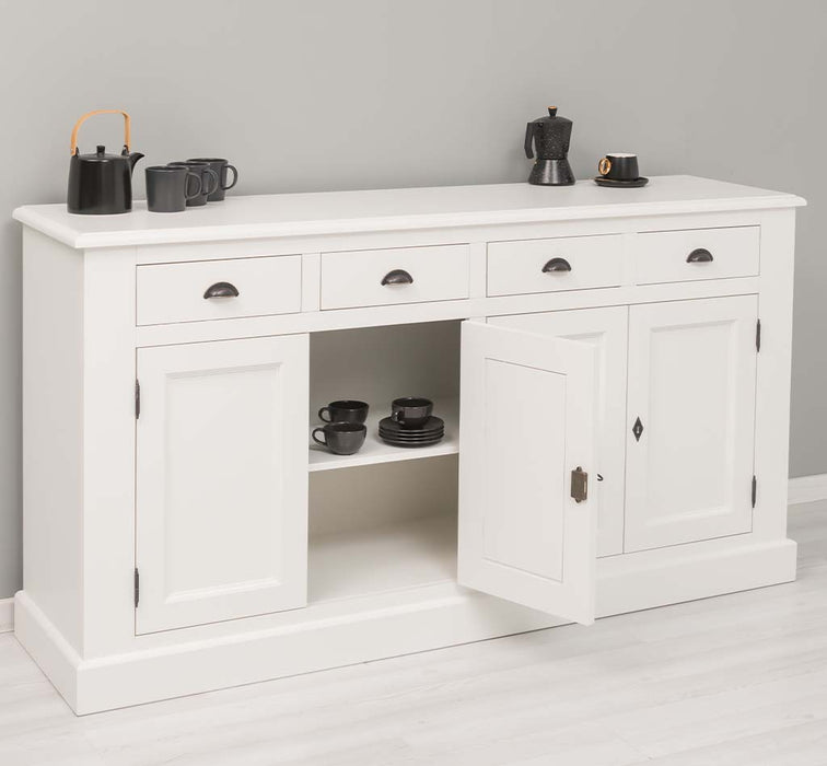 Landhaus-Sideboard-aus-Massivholz--_-Kommode-mit-4-Schubladen-und-4-Tueren-links-weiß-offen