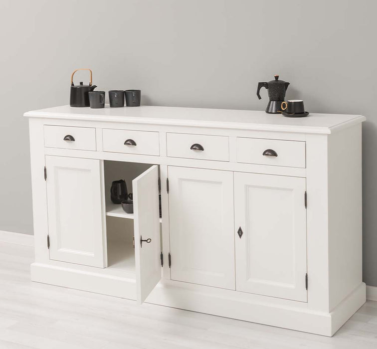 Landhaus-Sideboard-aus-Massivholz--_-Kommode-mit-4-Schubladen-und-4-Tueren-rechts-weiß-offen