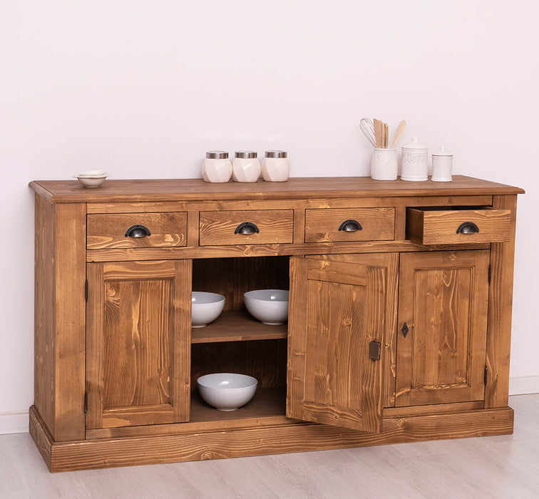 Landhaus-Sideboard-aus-Massivholz--_-Kommode-mit-4-Schubladen-und-4-Tueren-links-gewachst-offen