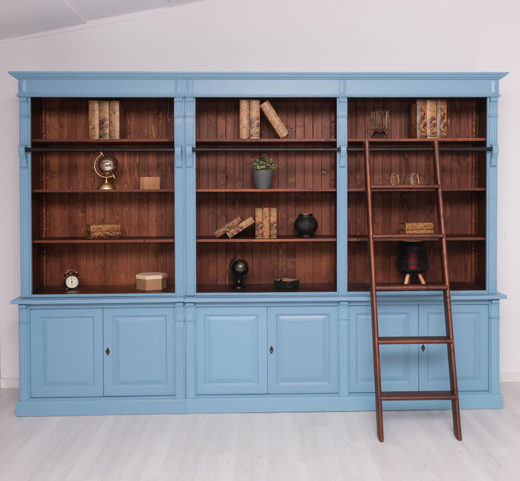 Landhaus Wohnwand aus Massivholz - Bibliotheksschrank - Bücherschrank mit Leiter